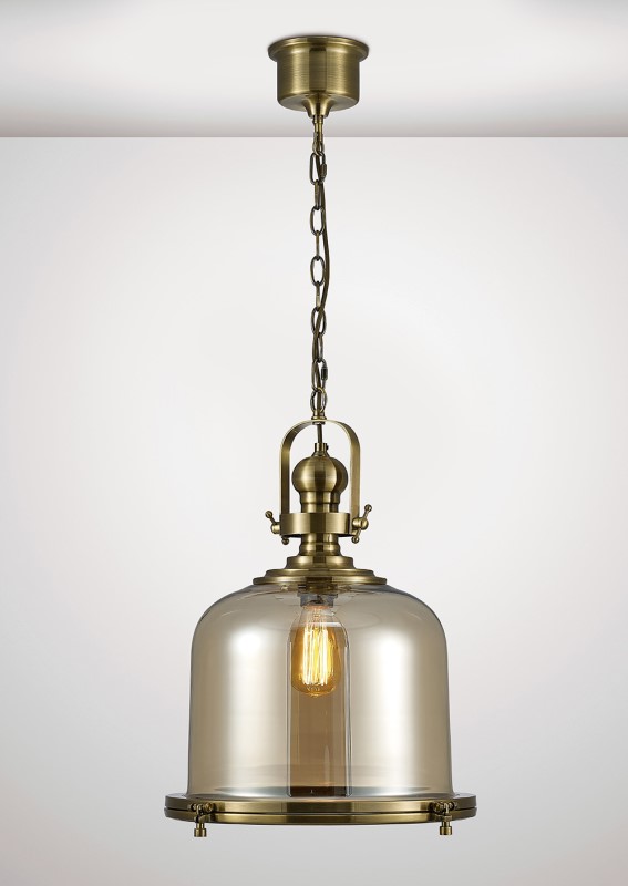 Single Large Bell Pendant 1 Light Antique Brass/Cognac Glass